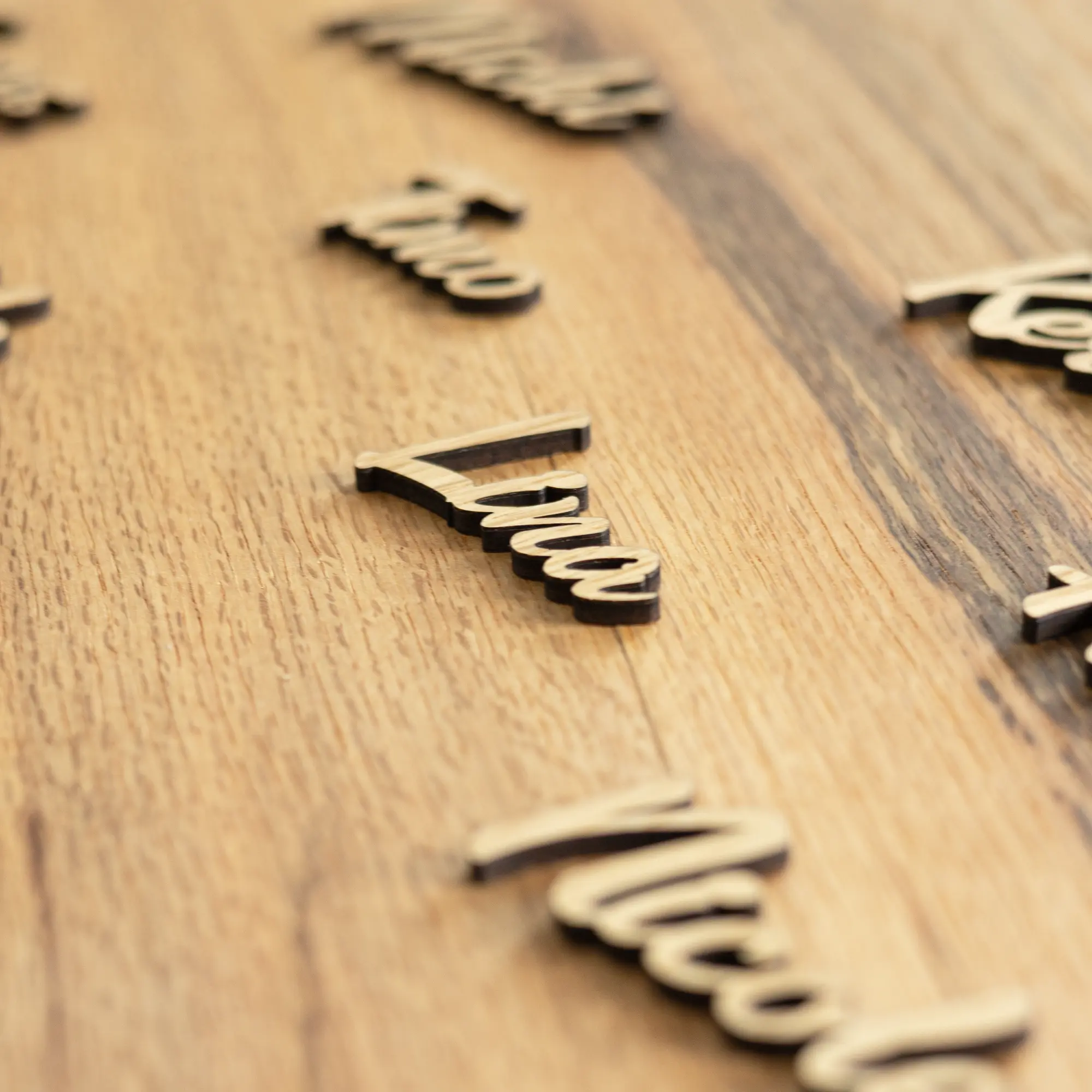 Tischkarten Schriftzug Holz 11 Tischkarten Schriftzüge aus Holz - Detailaufnahme