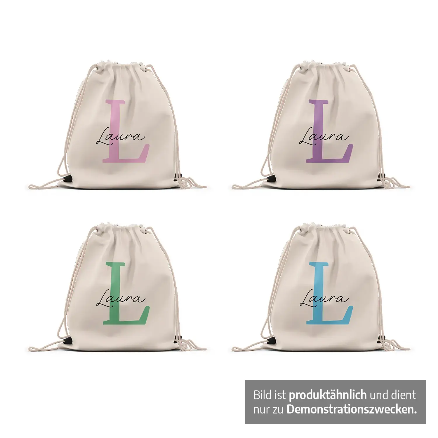 Turnbeutel (Stofftasche) mit Anfangsbuchstaben, personalisiert mit Namen 2 Turnbeutel mit Anfangsbuchstaben und Namen - Farben
