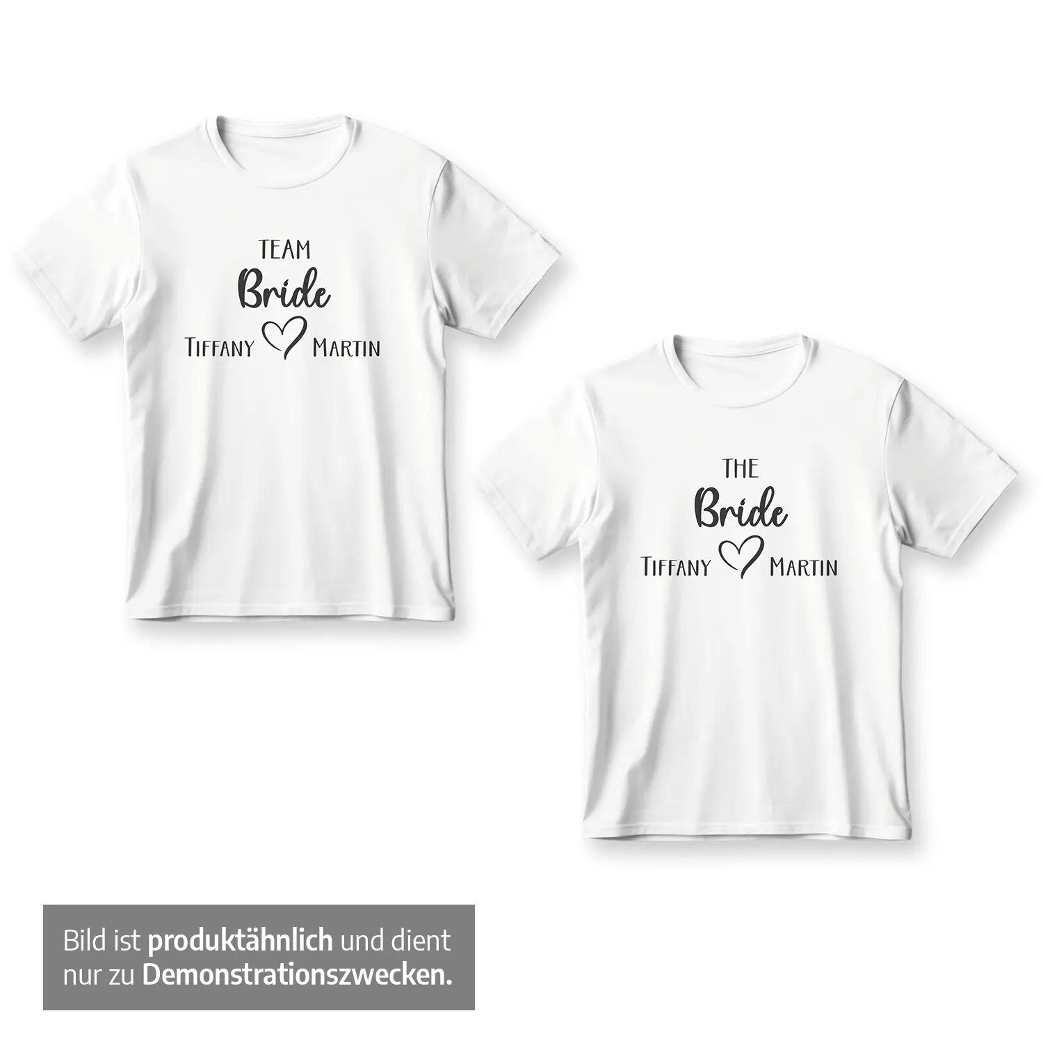 Team Bride – JGA Frauen T-Shirt, personalisiert mit Namen des Hochzeitspaars 2 JGA - Team Bride T-Shirt - Mit Namen des Hochzeitspaars - Weiß Flatlay