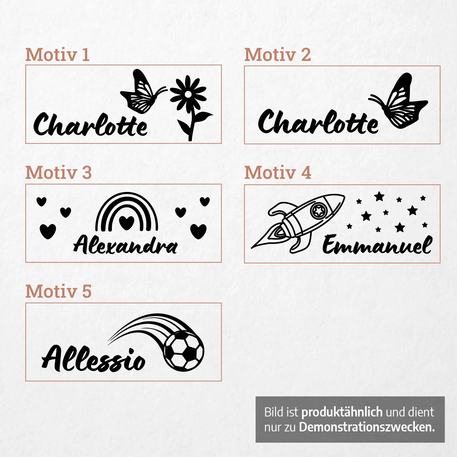 Eckiger Holzstempel für Kinder mit unterschiedlichen Motiven, personalisiert mit Name 2 Holzstempel für Kinder, personalisiert - Übersicht