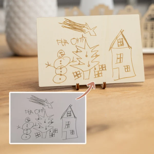 Grußkarte Holz Kinderzeichnung - Produktbild