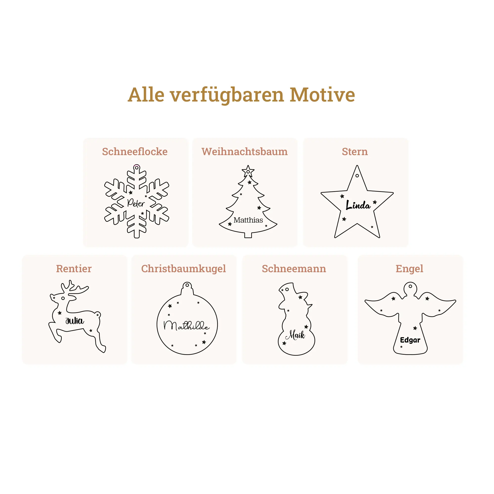 Personalisierbare Christbaumanhänger, 7 Motive wählbar 3 Personalisierbare Christbaumanhänger - Motive
