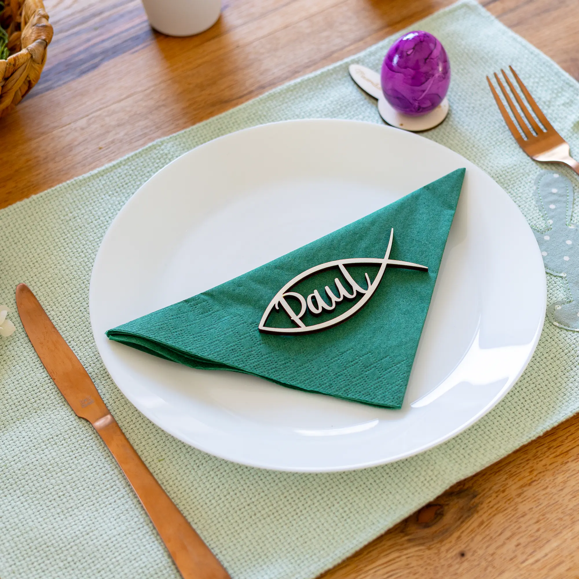 Tischkarte "Fisch" (Ichthys) zur Kommunion – Laserschnitt 6 Fische mit Namen Lasercut - Ostertafel