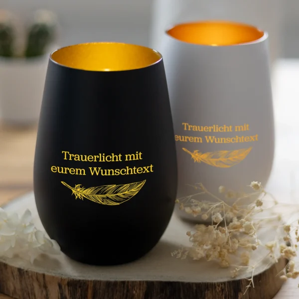 Personalisiertes Trauerlicht mit Feder - Produtkbild