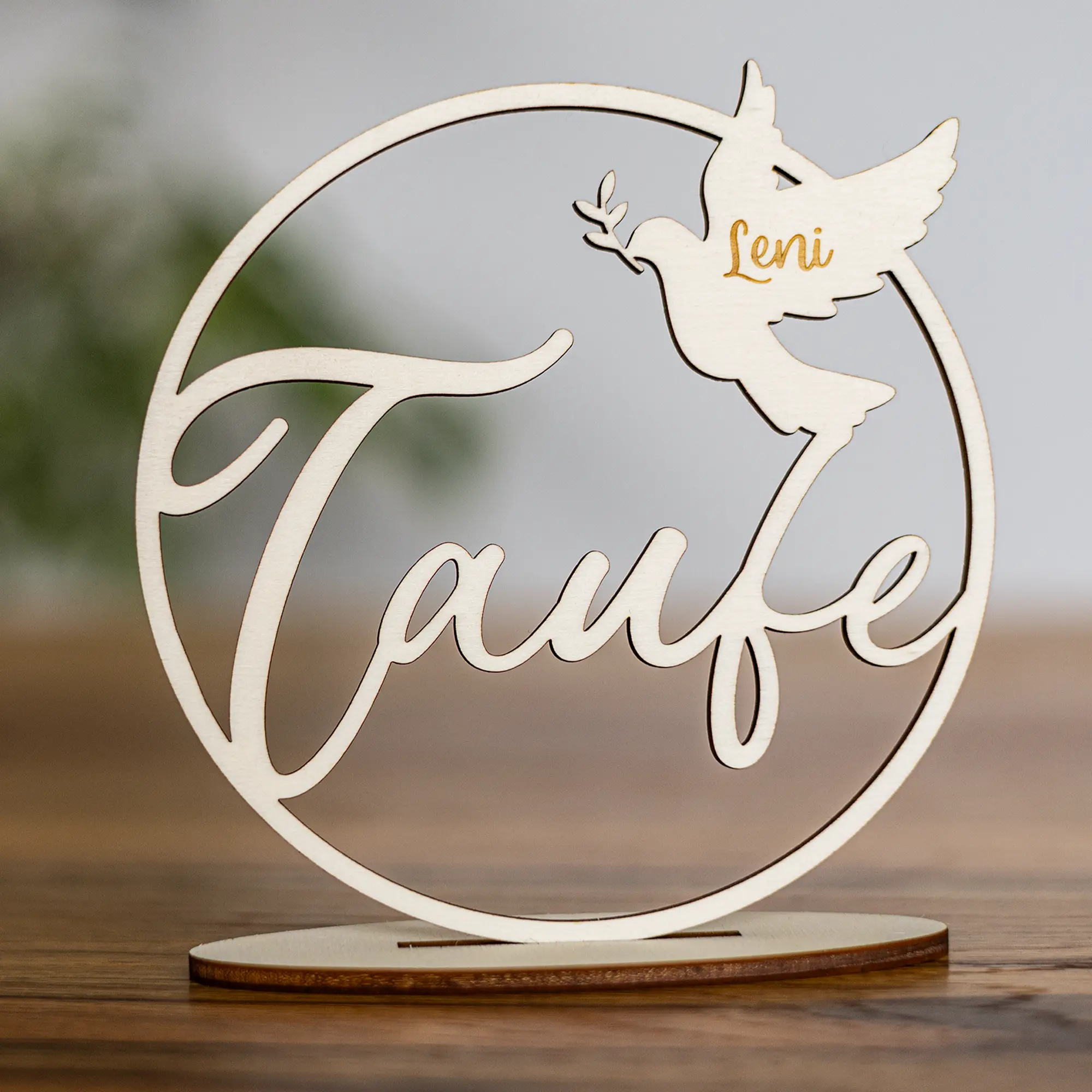 Dekoring - Taufe mit Taubenmotiv und Name - Mit Standfuß