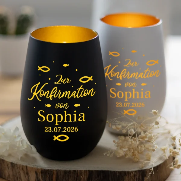 Personalisiertes Windlicht mit Gravur zur Konfirmation mit Ichthys-Symbolen - Produktbild